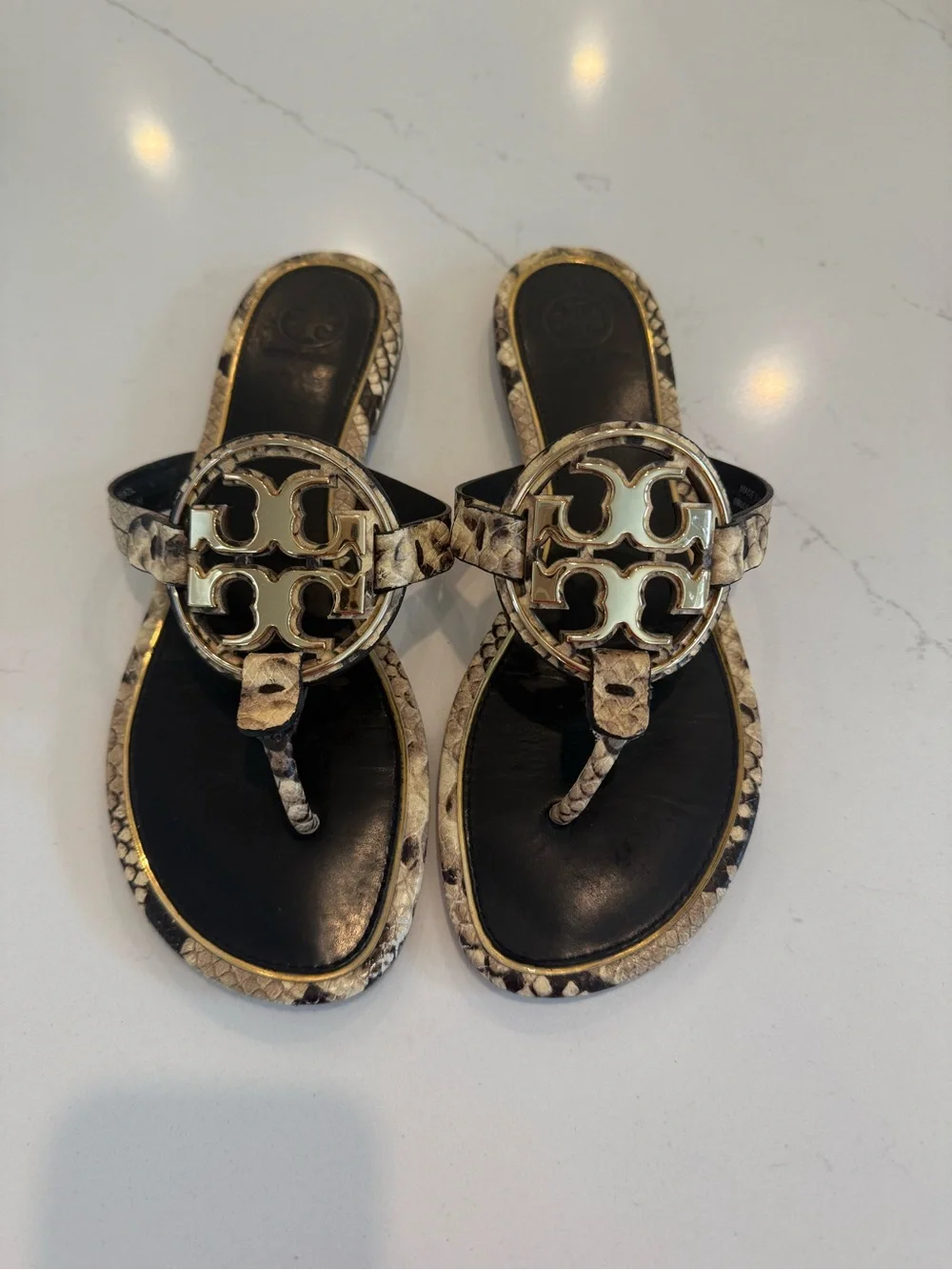Tory Burch Black and Beige Snake-Print Logo Thong Sandals